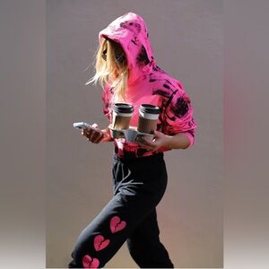 VALENTINES Hand-Painted Cropped Hoodie / Neon Pink & Black